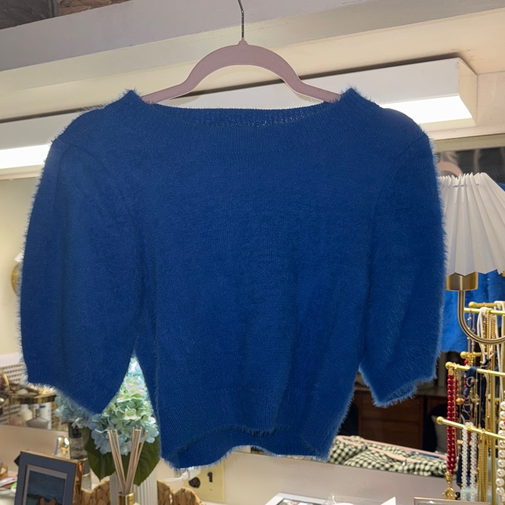 Women's Short-Sleeve Fuzzy Knit Sweater in Blue